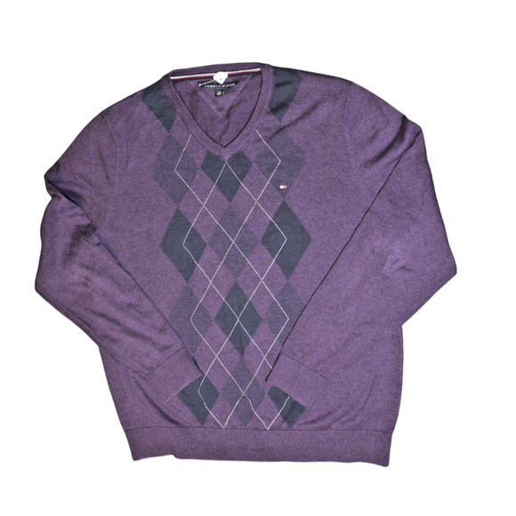 Tommy Hilfiger Other - Tommy Hilfiger Men's Sweater Sz XL Argyle Purple Long Sleeve V-Neck Cotton EUC
